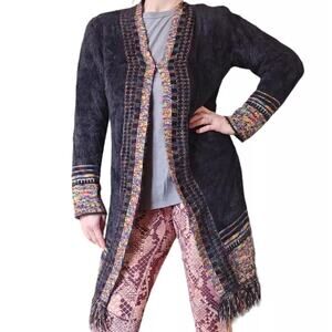 Janice Boho Artsy Fringe Long Sweater Duster‎ Women One Size Black Furry Cozy